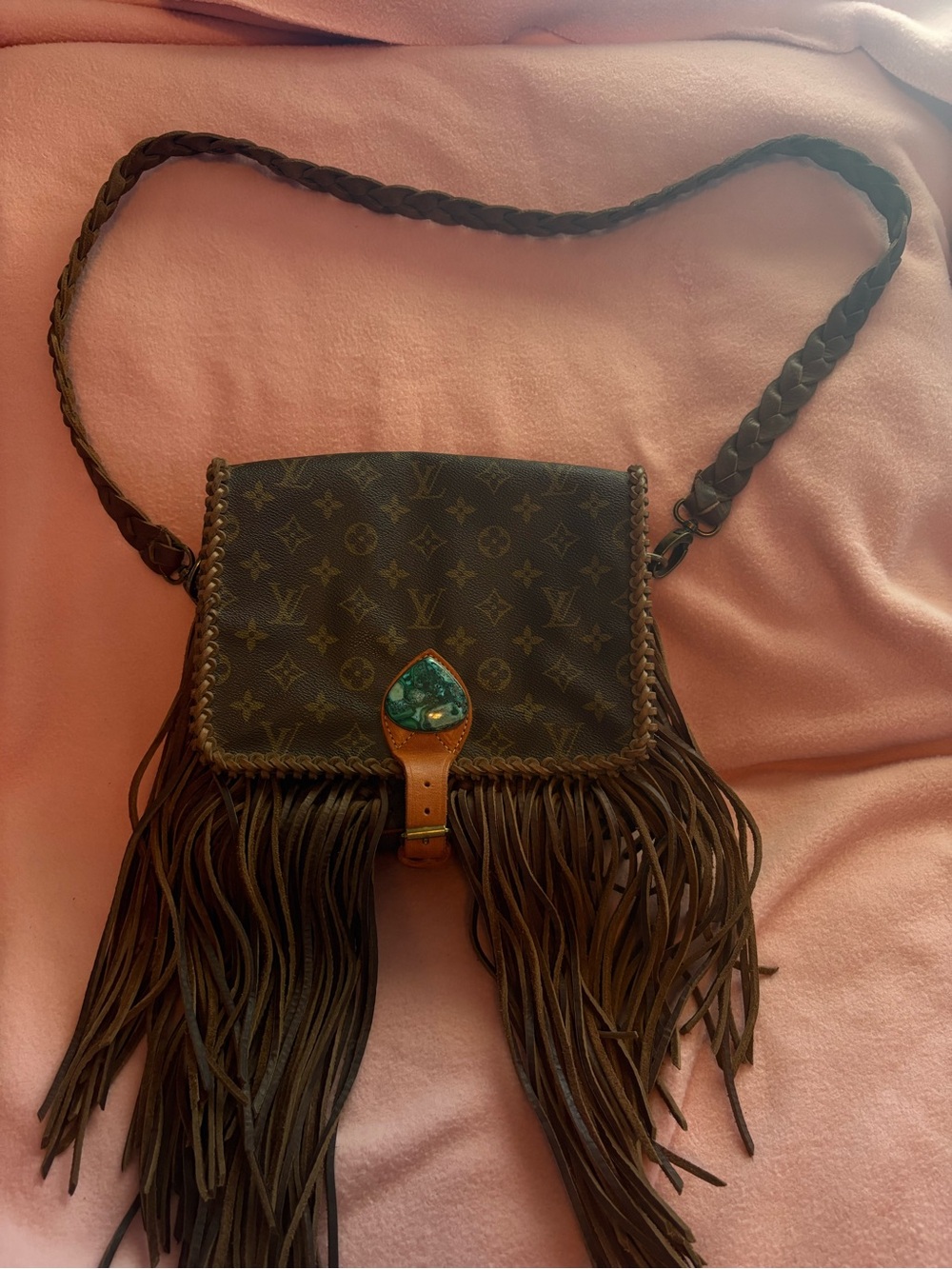 Louis Vuitton Brown Monogram Fringe Crossbody with Chrysocolla Stone Accent